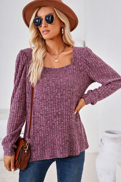 Ribbed Square Neck Long Sleeve T-Shirt - Charming Charlie