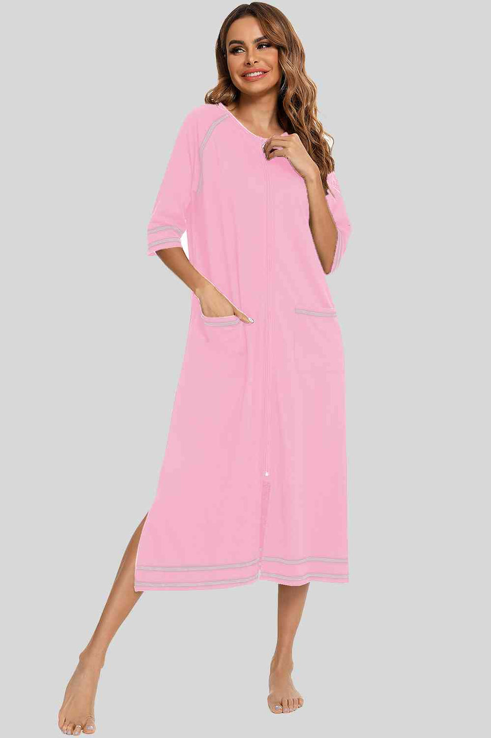 Zip Up Slit Round Neck Night Dress with Pockets main image 0