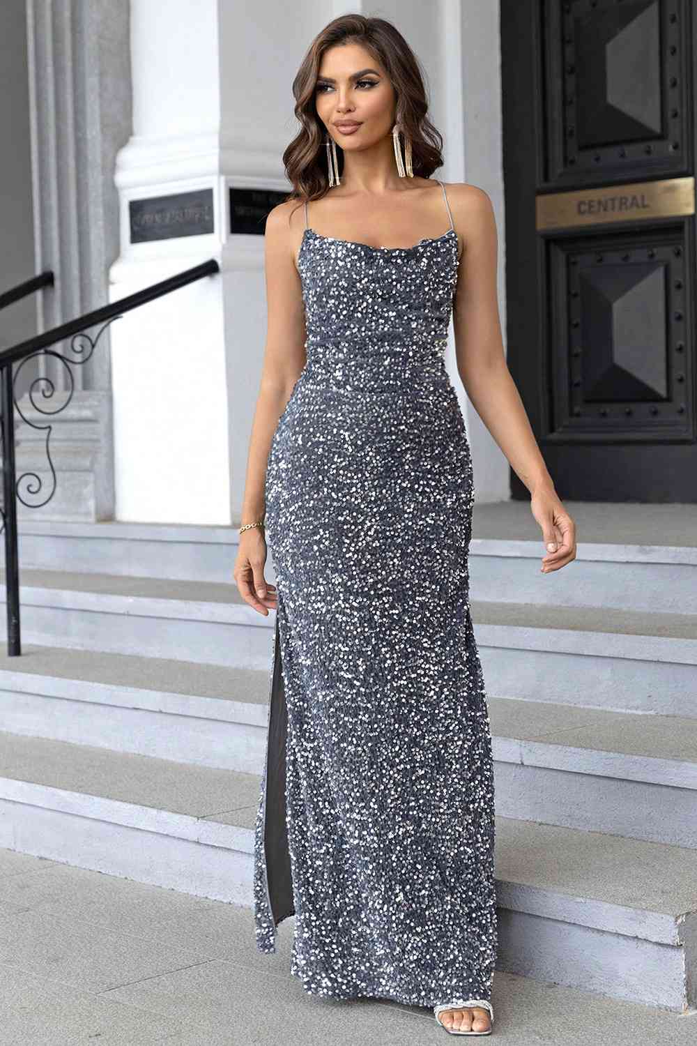 blue sequin maxi dress Sequin Backless Split Maxi Dress – Charming Charlie