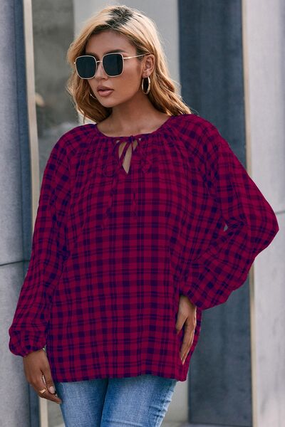 Plaid Tie Neck Balloon Sleeve Blouse - Charming Charlie