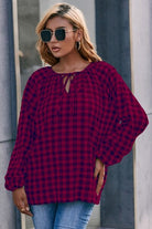 Plaid Tie Neck Balloon Sleeve Blouse - Charming Charlie