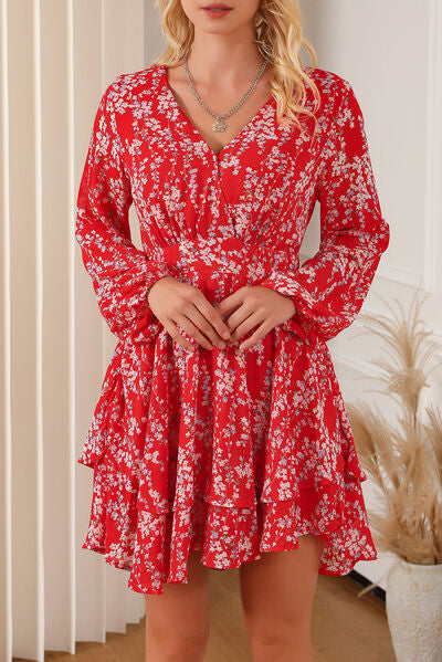 chinese dress ladies Printed Surplice Balloon Sleeve Layered Dress – Charming Charlie