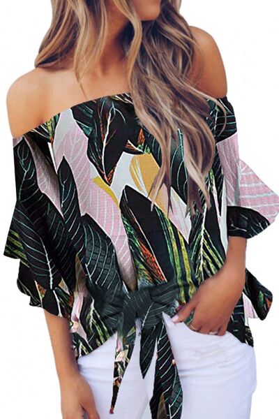 Tied Printed Off-Shoulder Half Sleeve Blouse - Charming Charlie