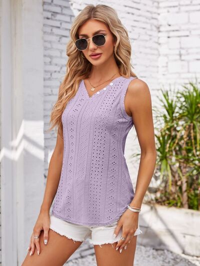 Eyelet Decorative Button V-Neck Tank - Charming Charlie