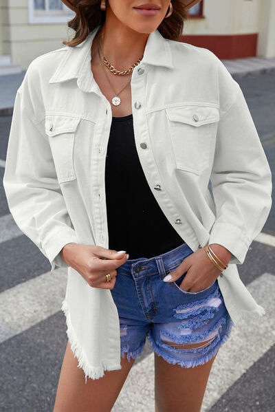 Button Up Pocketed Raw Hem Denim Jacket - Charming Charlie