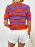 Openwork Striped Round Neck Short Sleeve Knit Top - Charming Charlie