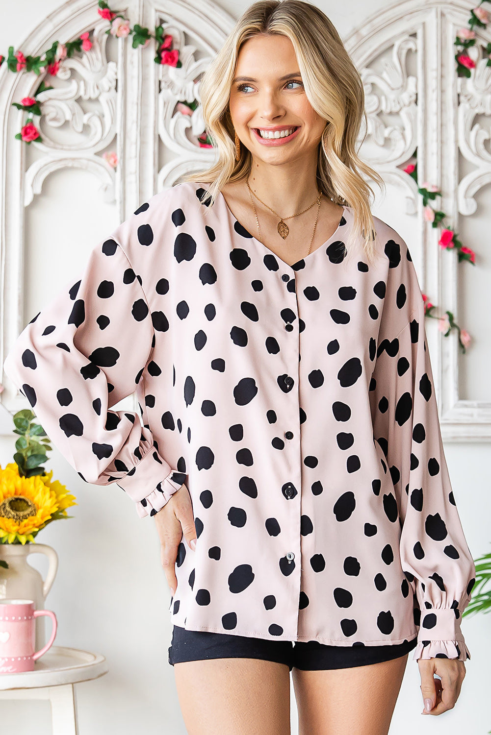 Printed Button Up Flounce Sleeve Shirt - Charming Charlie