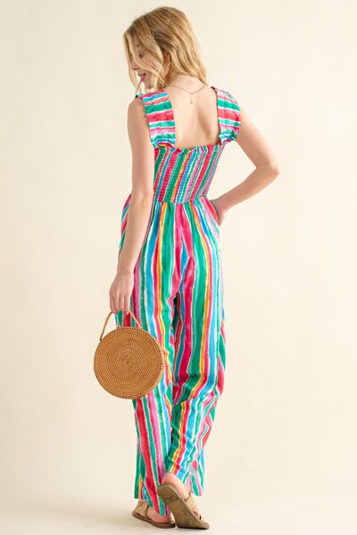And The Why Full Size Striped Smocked Sleeveless Jumpsuit - Charming Charlie