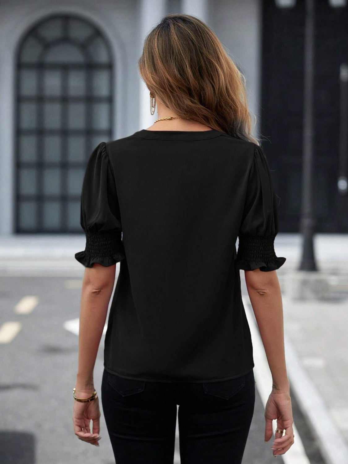 Notched Short Sleeve Blouse - Charming Charlie
