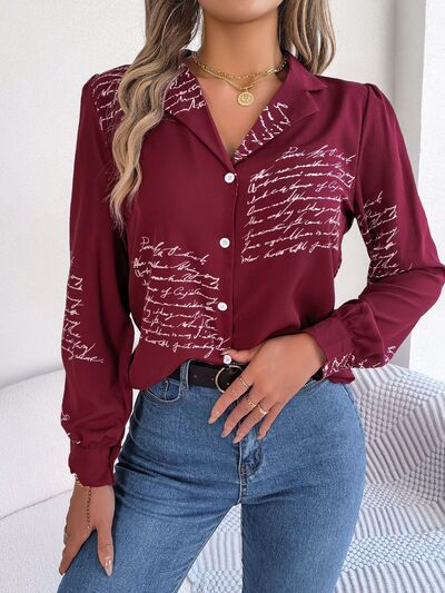 Letter Printed Button Up Long Sleeve Blouse - Charming Charlie