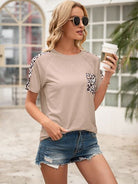 Pocketed Leopard Round Neck Short Sleeve T-Shirt - Charming Charlie