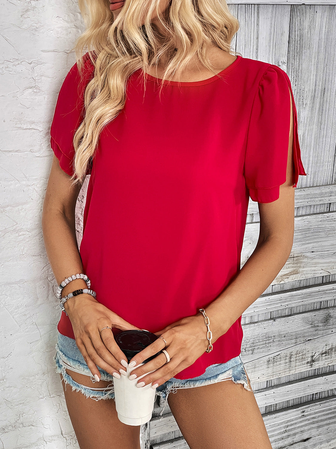 Round Neck Slit Short Sleeve Top – Charming Charlie