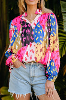 Printed Notched Long Sleeve Blouse - Charming Charlie