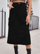 Slit Buttoned Denim Skirt with Pockets - Charming Charlie