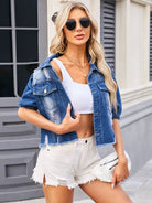 Distressed Raw Hem Button Up Denim Jacket - Charming Charlie