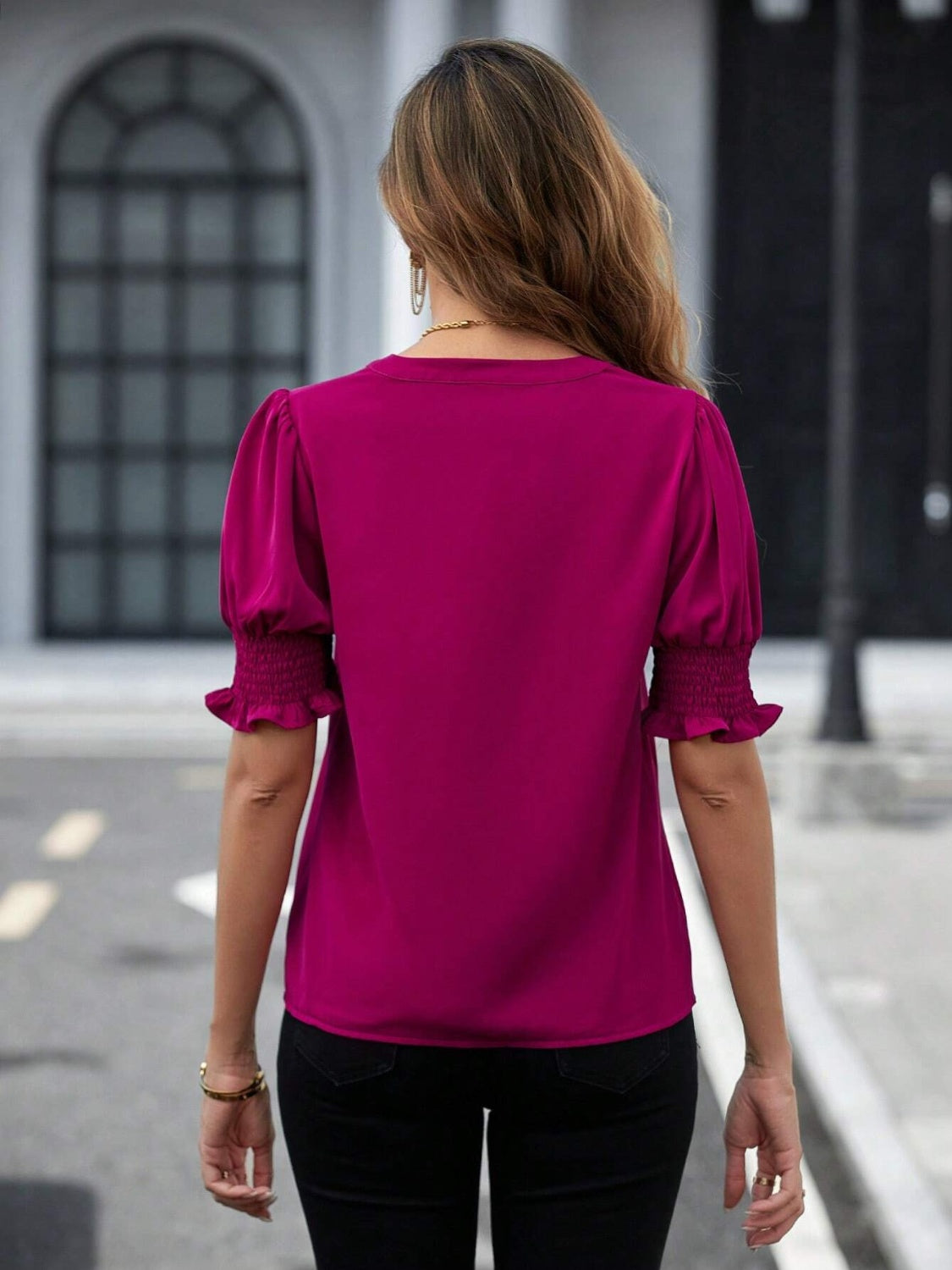 Notched Short Sleeve Blouse - Charming Charlie