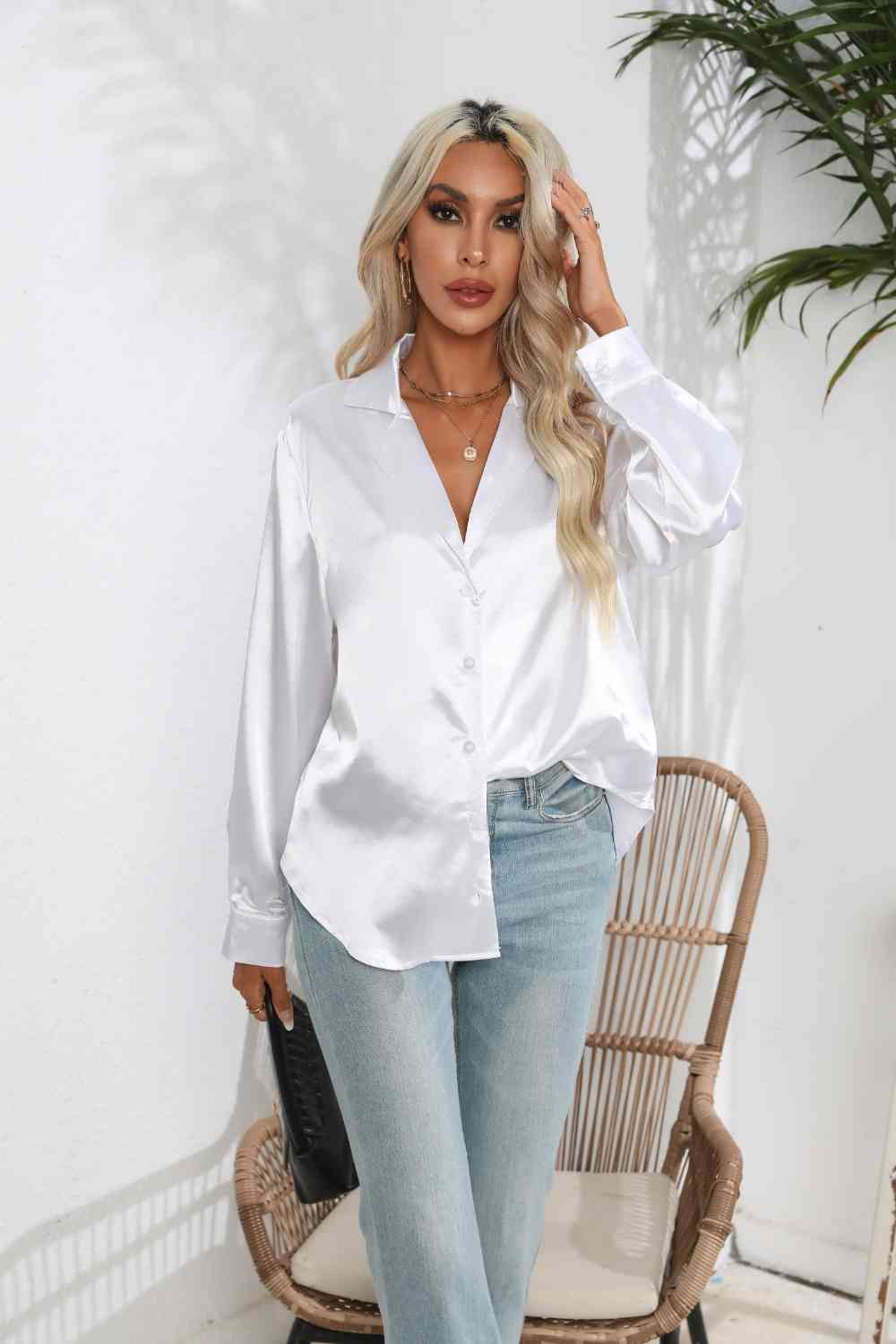 Lapel Collar Button Up Long Sleeve Shirt - Charming Charlie