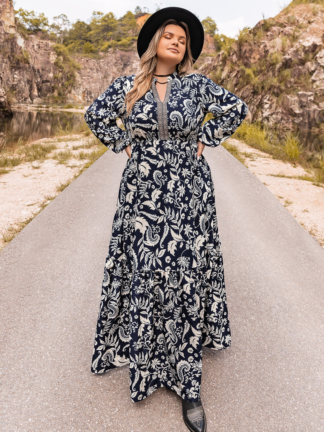 Plus Size Long Sleeve Maxi Dress Dark Navy / 4XL