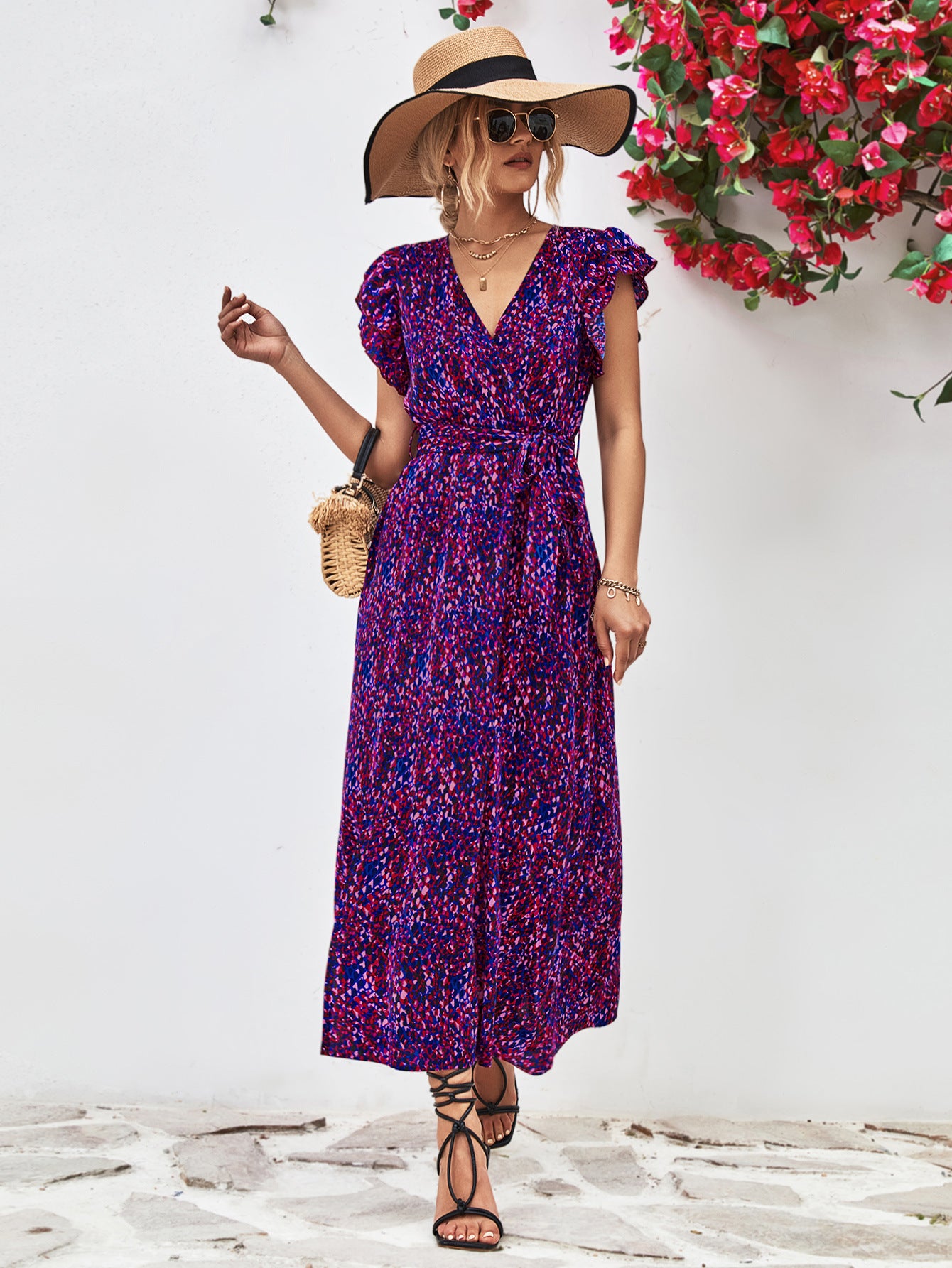 Printed Surplice Neck Flutter Sleeve Slit Dress - Charming Charlie