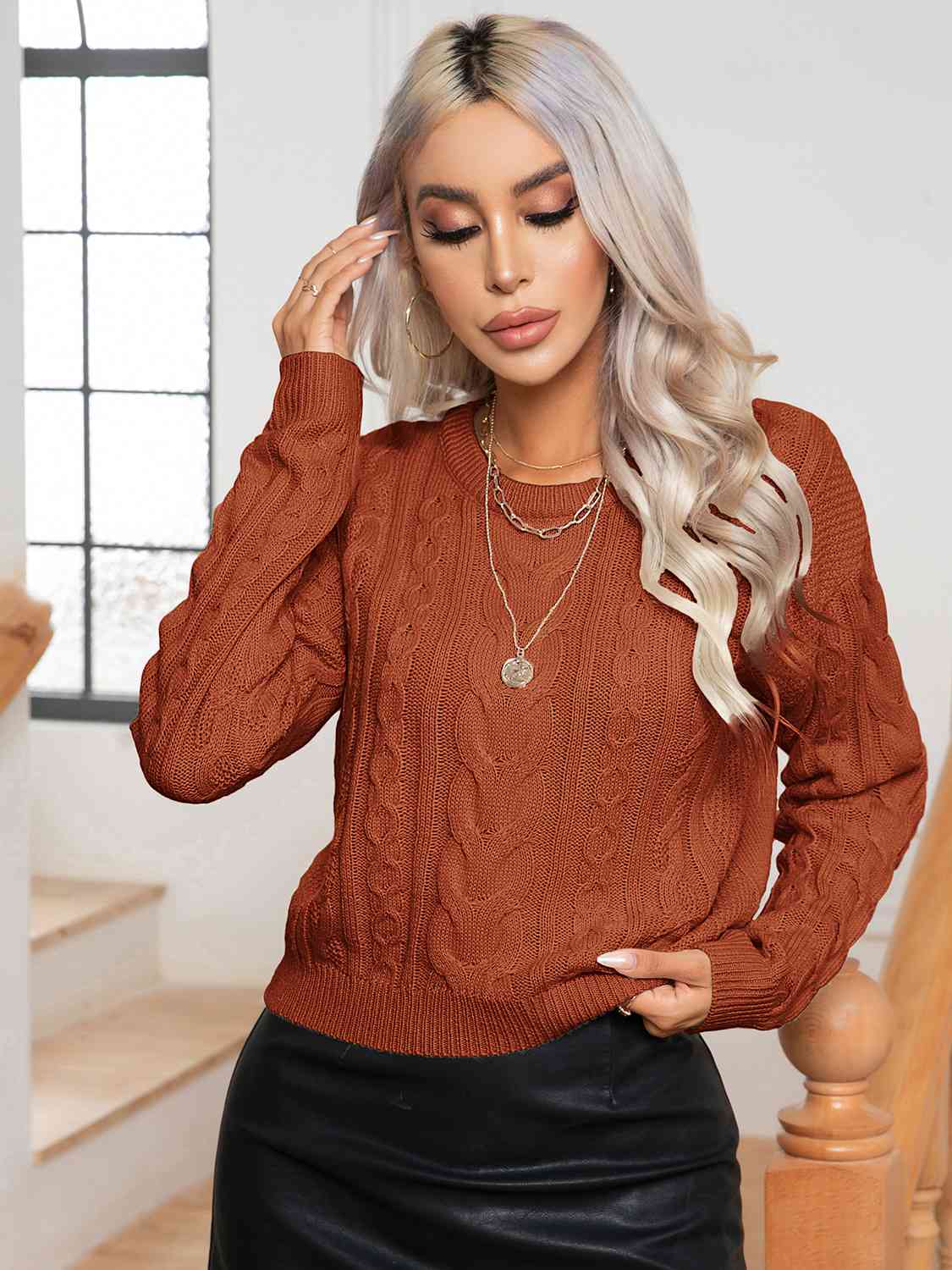 Cable-Knit Round Neck Long Sleeve Sweater - Charming Charlie
