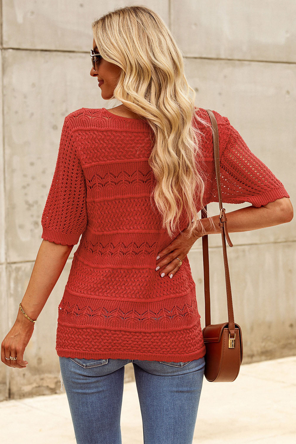 Openwork Round Neck Half Sleeve Knit Top - Charming Charlie