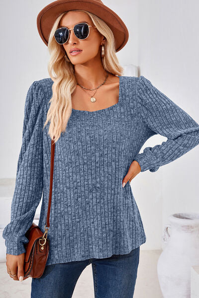 Ribbed Square Neck Long Sleeve T-Shirt - Charming Charlie