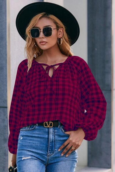 Plaid Tie Neck Balloon Sleeve Blouse - Charming Charlie