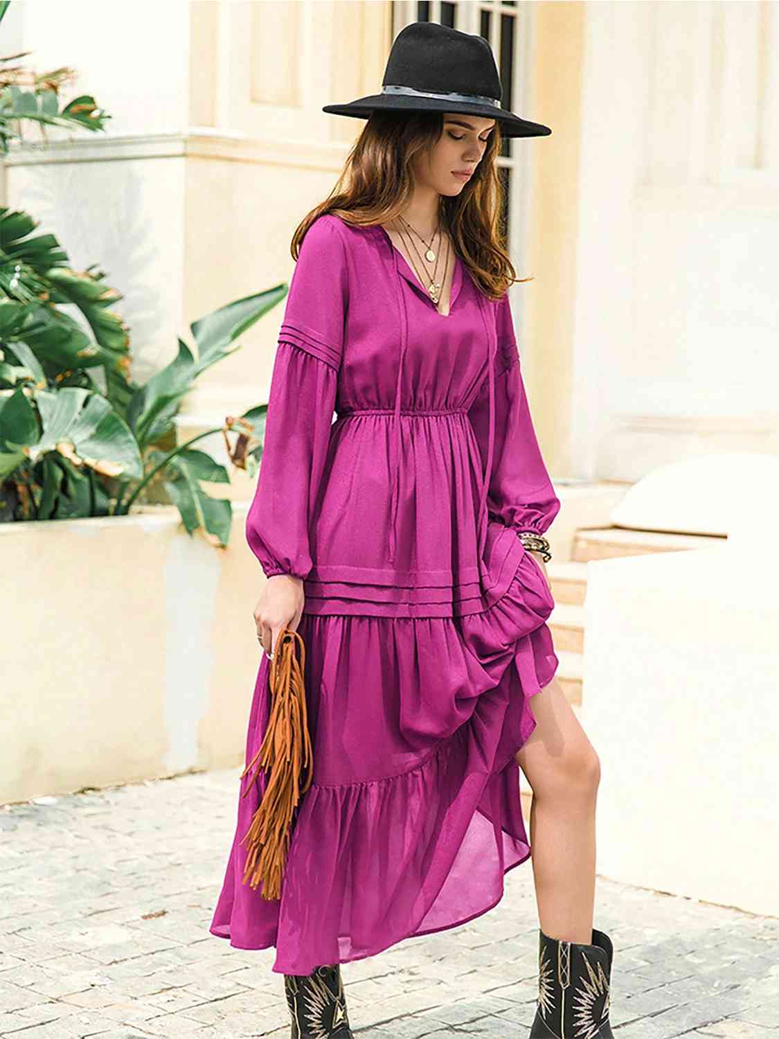 ladies tiered dresses MIDI FLOWY DRESS Fuchsia / S S25-3 Basic style Sheer 1950S Vintage Ball Gown Coat Size:43 R