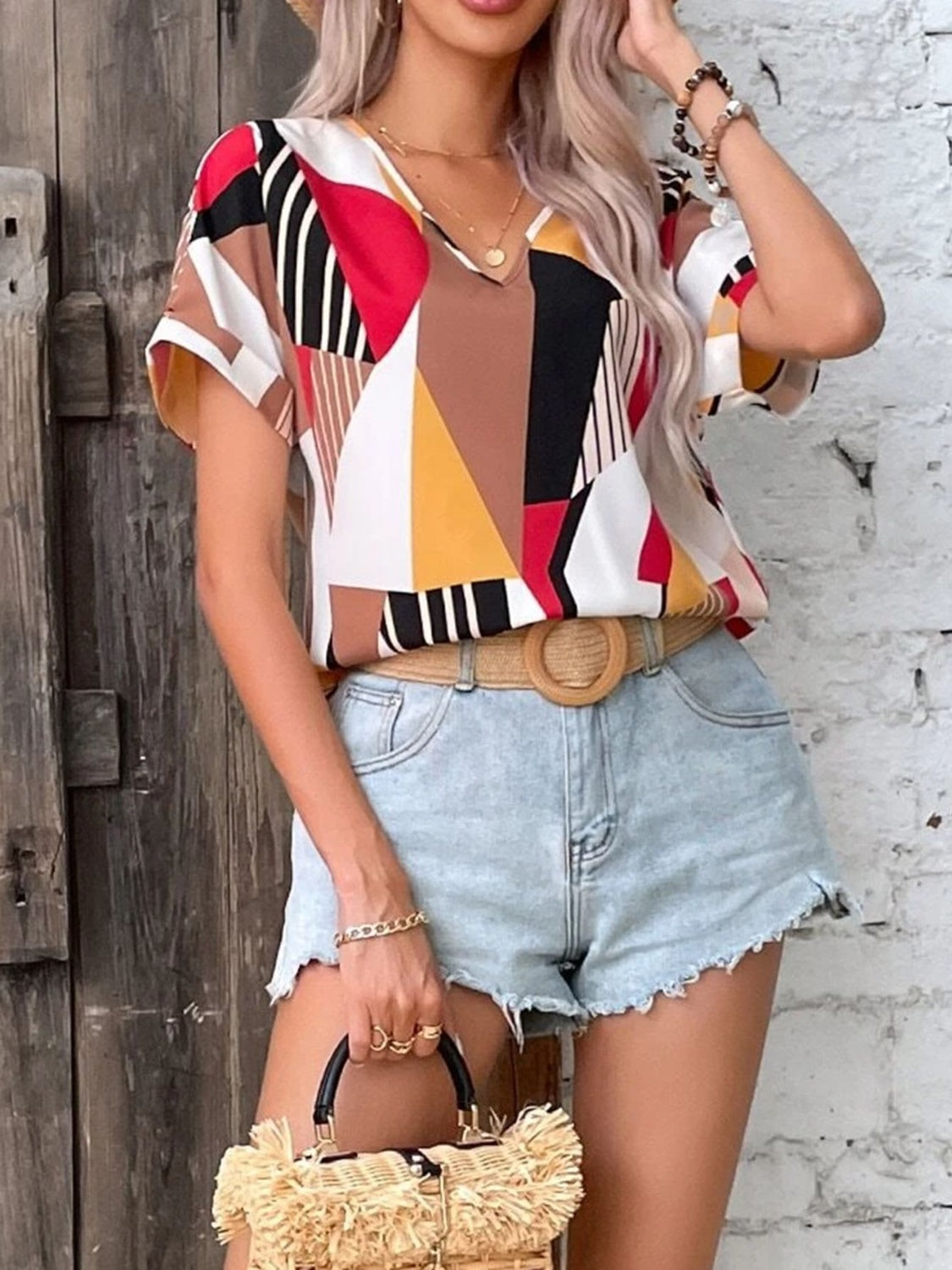 Printed V-Neck Short Sleeve Blouse - Charming Charlie