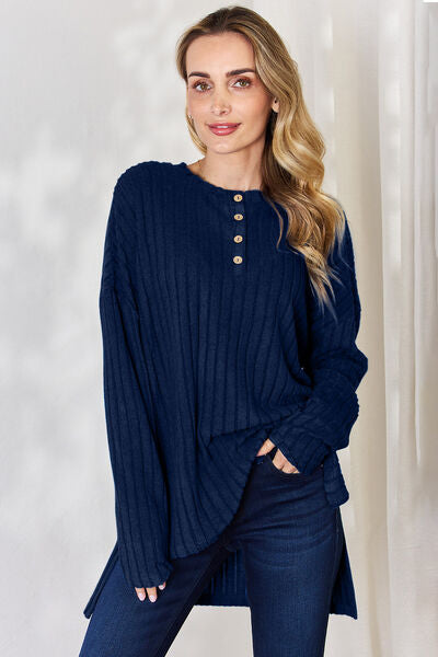 Basic Bae Full Size Ribbed Half Button Long Sleeve High-Low T-Shirt - Charming Charlie