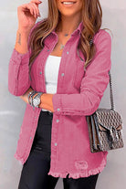 Distressed Raw Hem Snap Down Denim Jacket - Charming Charlie