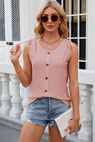 Eyelet Round Neck Wide Strap Tank - Charming Charlie