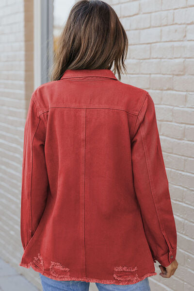 Distressed Raw Hem Snap Down Denim Jacket - Charming Charlie