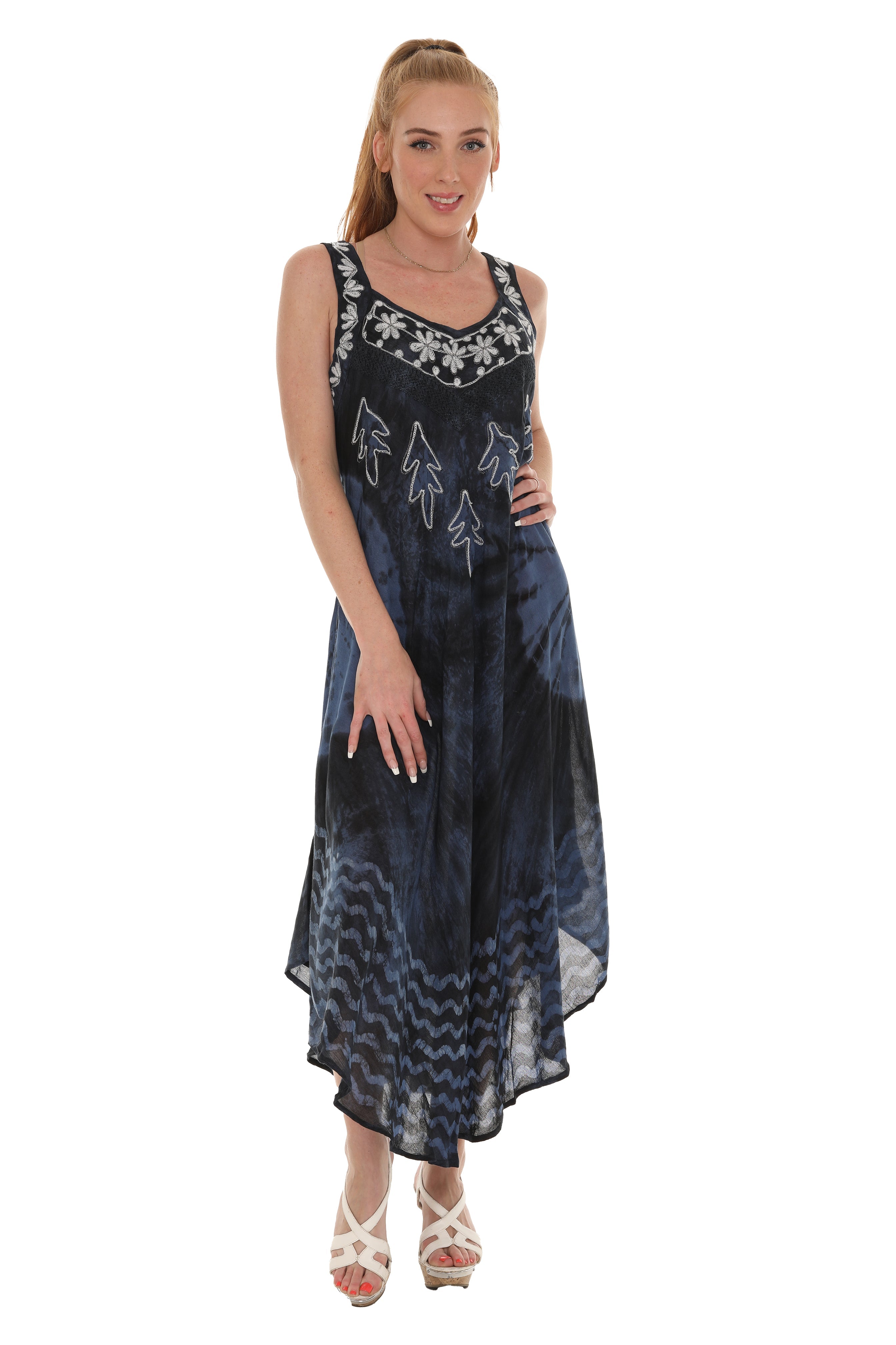 Tie-Dye With Embroidery Neckline Rayon Sundress - Shoreline Wear, Inc.