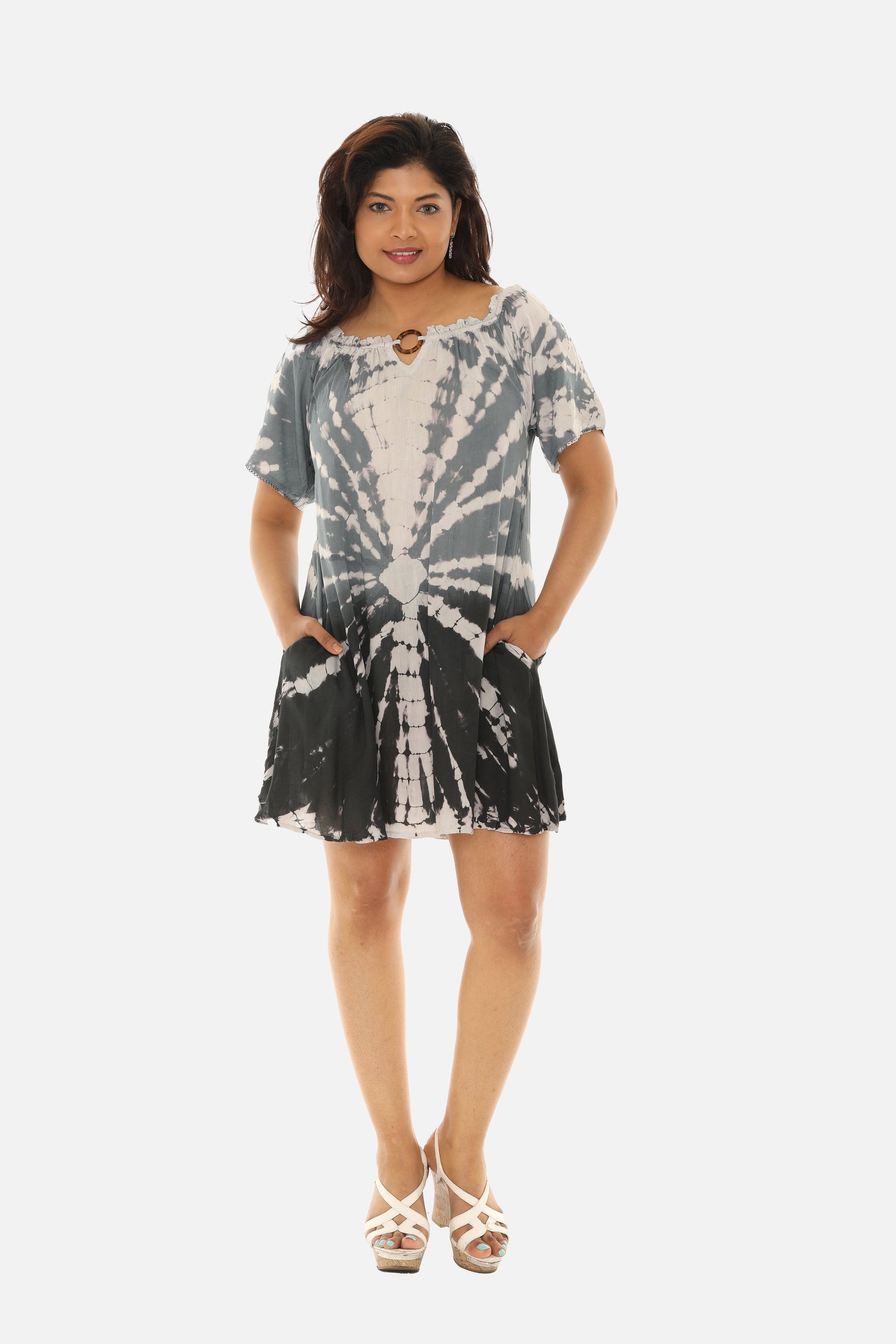 Boho Chic Tie Dye Dress with Keyhole Neckline 4X / GREY Boho Chic Tie Dye Dress with Keyhole Neckline 4X / GREY