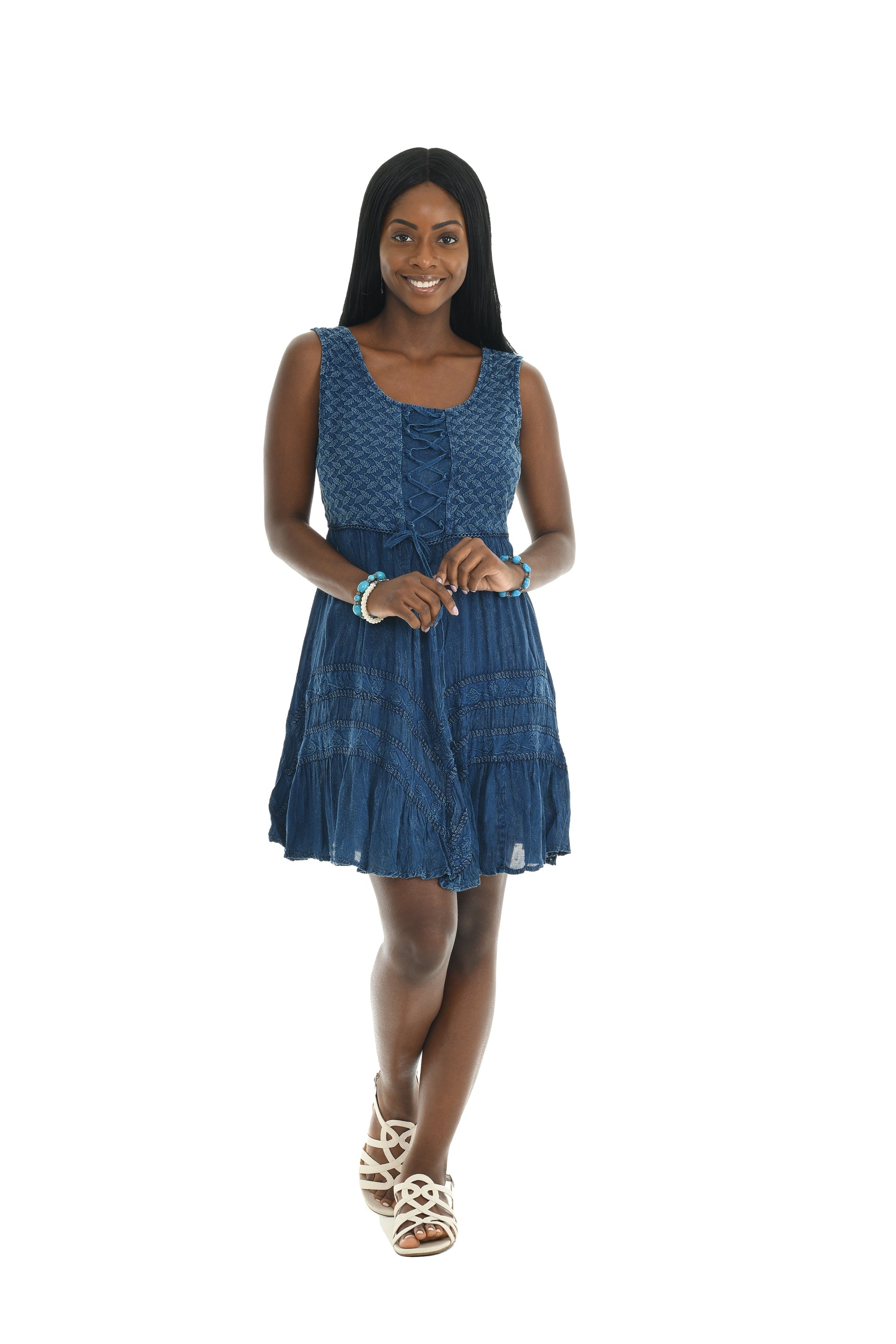 Tonal Embroidered Boho Dress With Lace