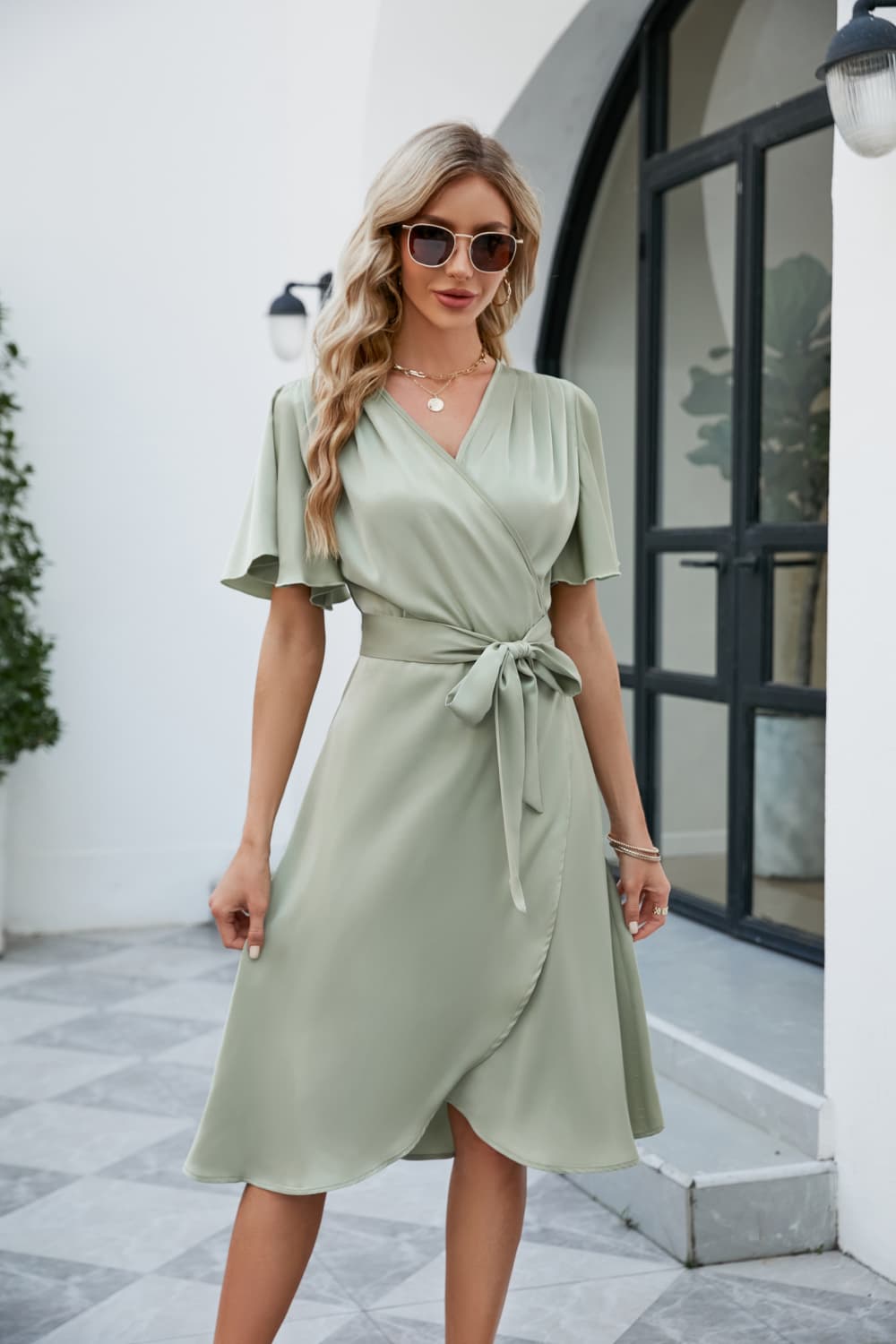 Wholesale MOQ6 Tie Waist Flutter Sleeve Surplice Dress