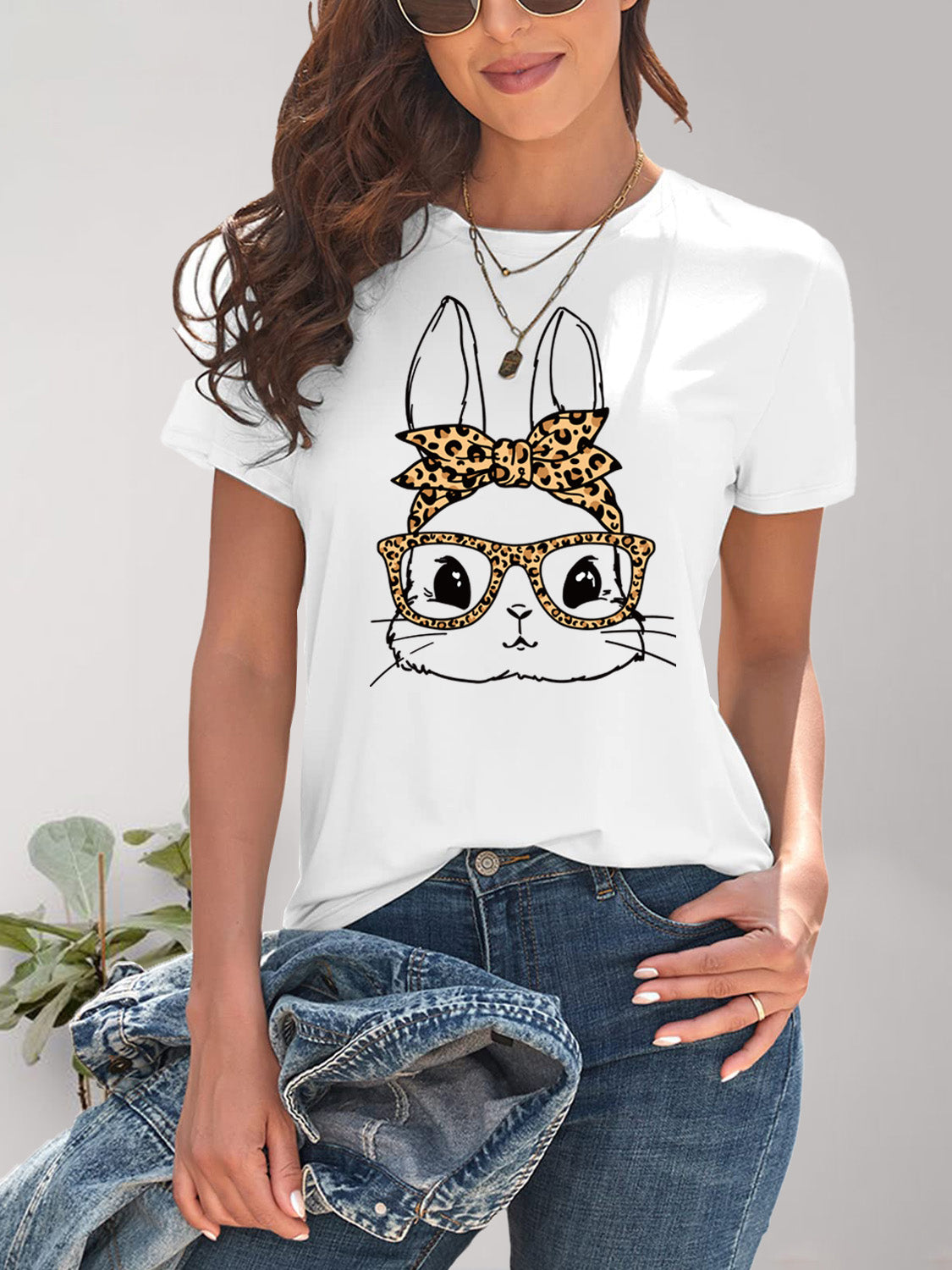 Rabbit Graphic Round Neck Short Sleeve T-Shirt - Charming Charlie
