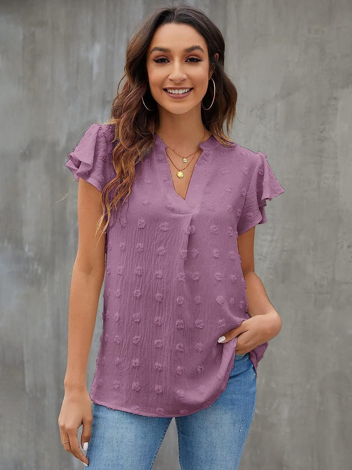 Swiss Dot Notched Cap Sleeve Blouse - Charming Charlie