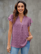 Swiss Dot Notched Cap Sleeve Blouse - Charming Charlie