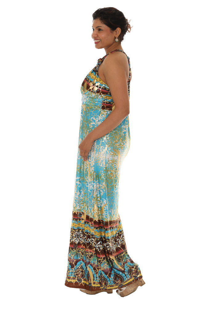 Abstract Gold Foil Halter Maxi Dress L/XL / Blue