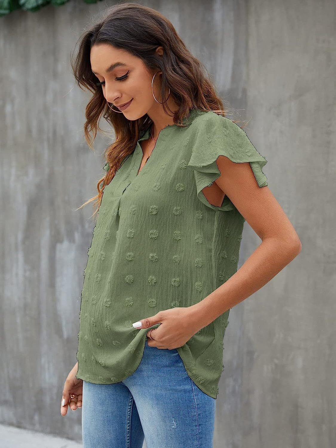 Swiss Dot Notched Cap Sleeve Blouse - Charming Charlie