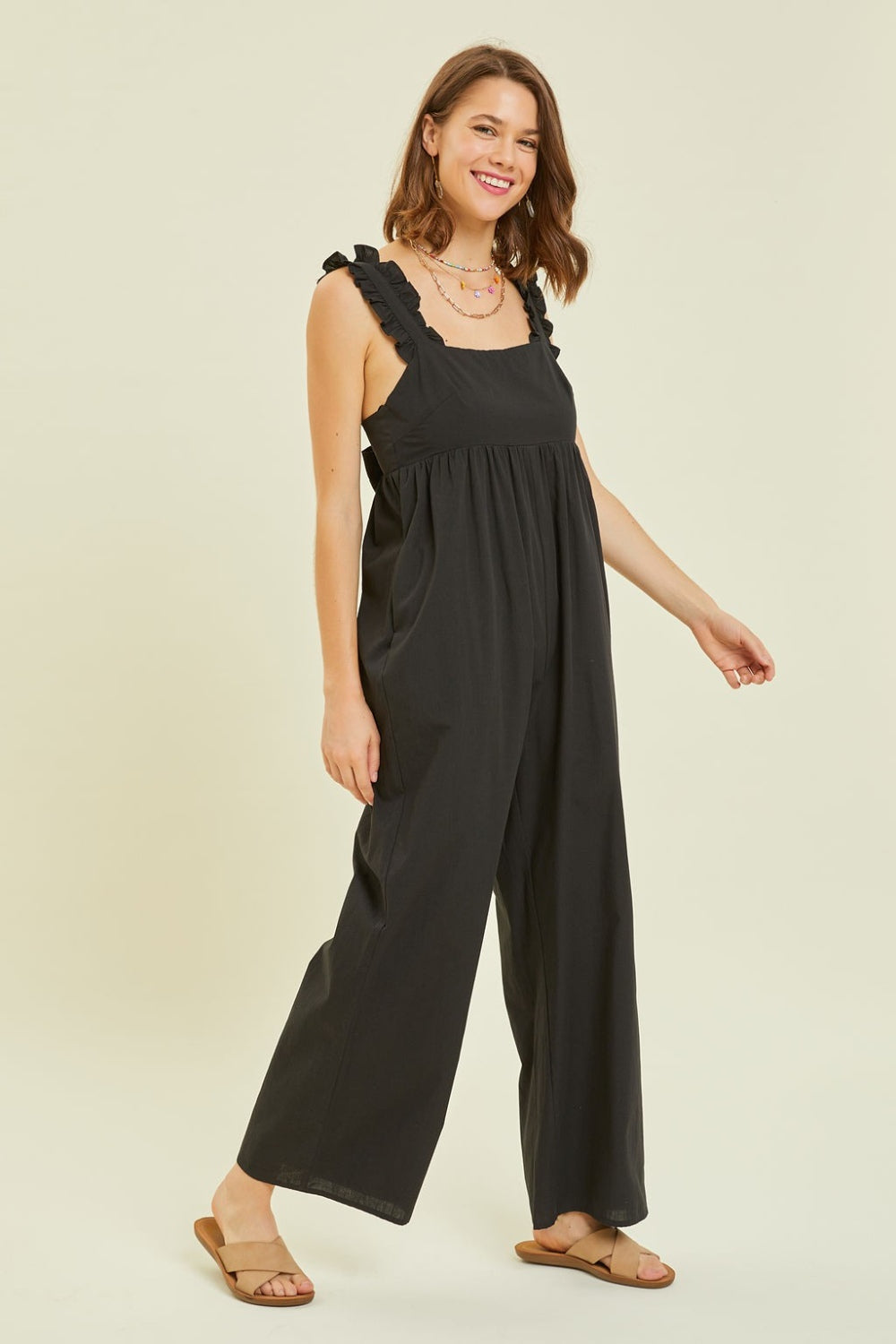 HEYSON Full Size Ruffled Strap Back Tie Wide Leg Jumpsuit - Charming Charlie