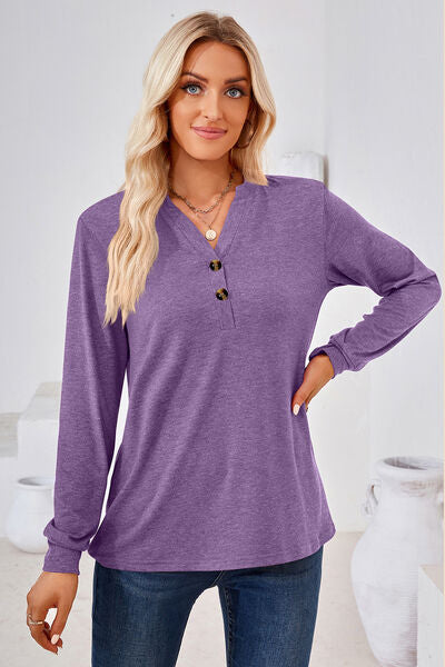 Notched Button Detail Long Sleeve T-Shirt - Charming Charlie