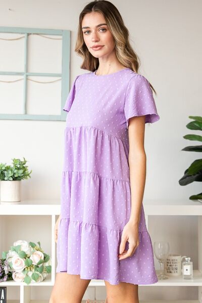 Heimish Full Size Swiss Dot Short Sleeve Tiered Dress - Charming Charlie