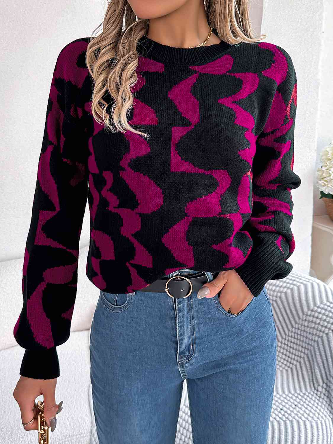 Round Neck Long Sleeve Sweater - Charming Charlie