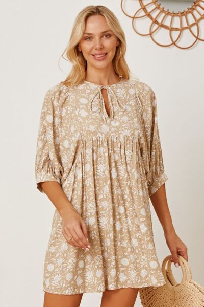 Floral Tie Neck Ruched Babydoll Dress - Charming Charlie