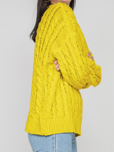 Openwork Frill Round Neck Long Sleeve Sweater