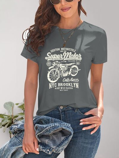 Motorcycle Graphic Round Neck T-Shirt - Charming Charlie