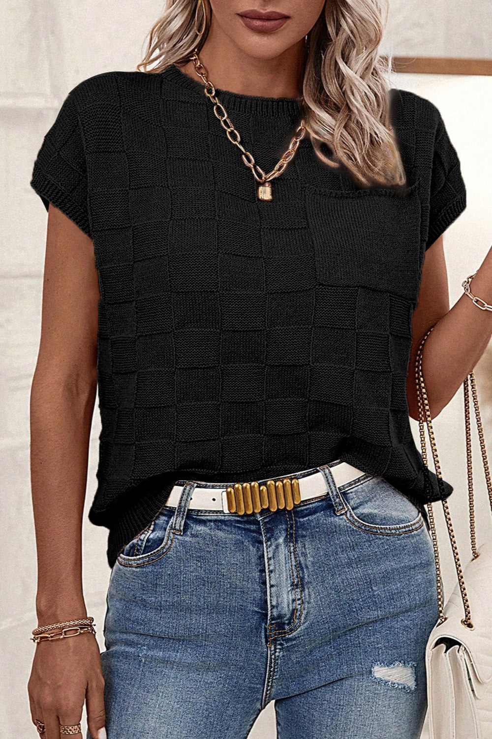 Pocketed Checkered Round Neck Knit Top - Charming Charlie